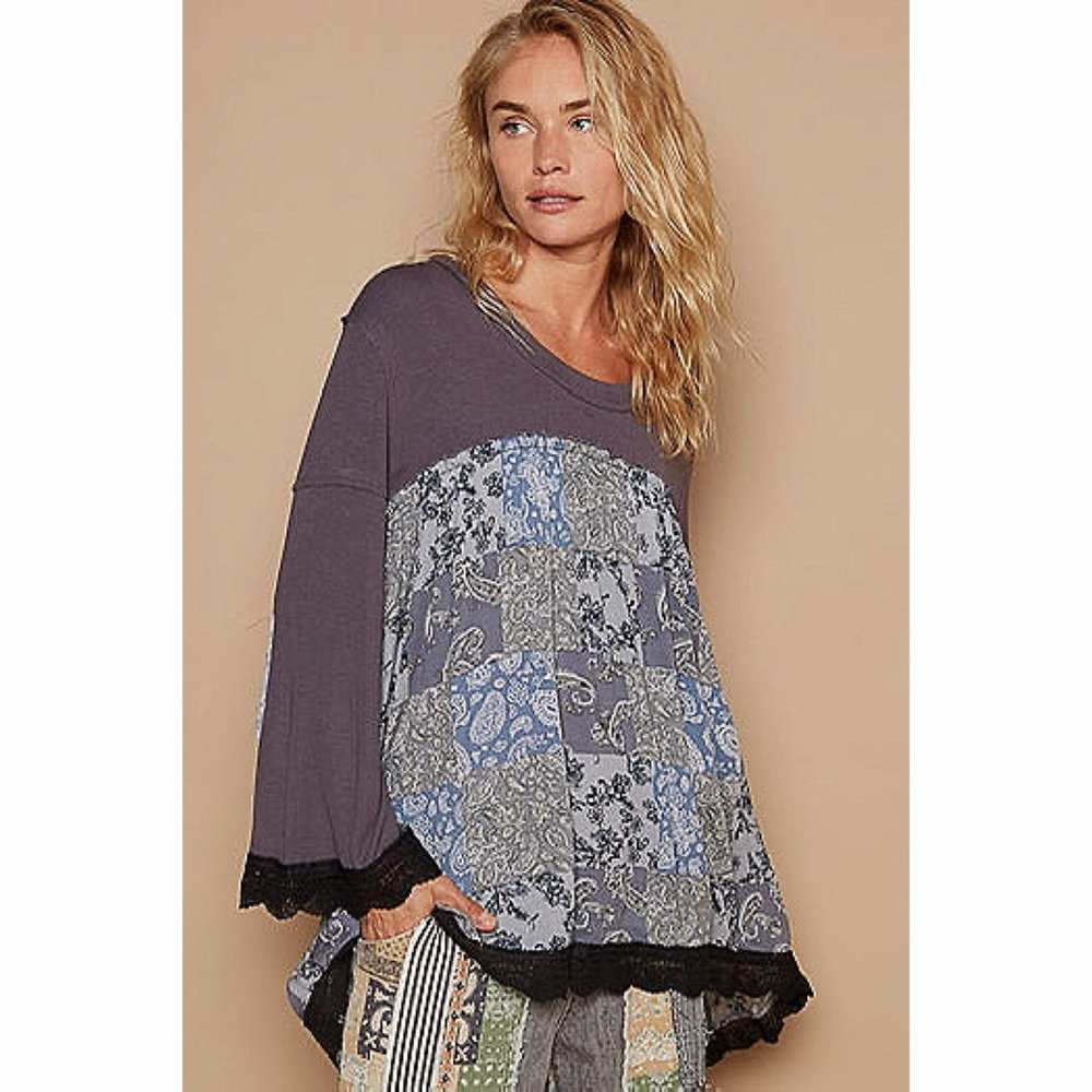 POL Charcoal Print Boho Lace Scallop Hem Long Sleeve Loose Fit Top